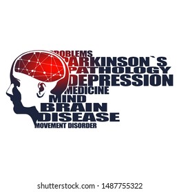 Abstract illustration of a human head with brain. Woman face silhouette. Medical theme creative concept. Connected lines with dots. Parkinsons syndrome disease tags cloud