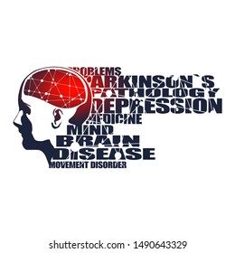 Abstract illustration of a human head with brain. Woman face silhouette. Medical theme creative concept. Connected lines with dots. Parkinsons syndrome disease tags cloud