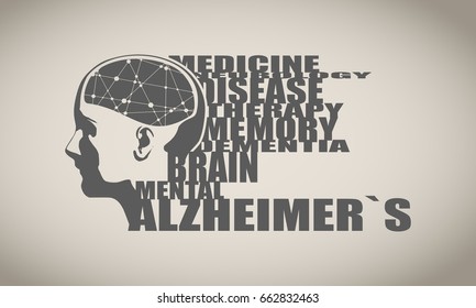 Abstract illustration of a human head with brain. Woman face silhouette. Medical theme creative concept. Connected lines with dots. Alzheimers disease tags cloud