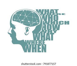 Abstract illustration of a human head with brain. Woman face silhouette. Connected lines with dots. Questions tags cloud