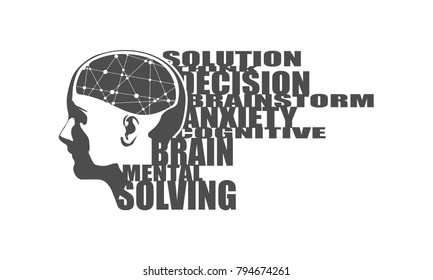 Abstract illustration of a human head with brain. Woman face silhouette. Business creative concept. Connected lines with dots. Brainstorm relative tags cloud