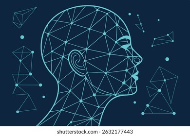 Ilustração abstrata de uma cabeça humana representada em uma rede geométrica contra um fundo azul profundo