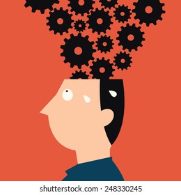 Abstract illustration of human head with many gears, metaphor to working hard, multitasking or very busy. 