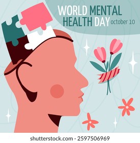 Abstract illustration of a human head with puzzle pieces missing, symbolizing mental health awareness. Floral elements and text World Mental Health Day on a soft background. Vector illustration