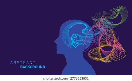 Abstract illustration of a human head silhouette with colorful flowing lines representing neural activity, thoughts, and data streams. Concept of artificial intelligence, creativity, brain processes, digital technology, and innovation. Modern futuristic design on dark background with copy space and “Abstract Background” text.
