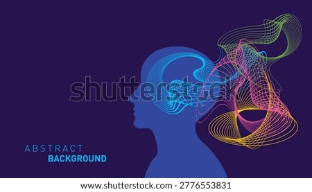 Abstract illustration of a human head silhouette with colorful flowing lines representing neural activity, thoughts, and data streams. Concept of artificial intelligence, creativity, brain processes, digital technology, and innovation. Modern futuristic design on dark background with copy space and “Abstract Background” text.
