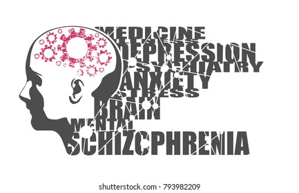 Abstract illustration of a human head. Woman face silhouette. Medical theme creative concept. Schizophrenia disease tags cloud. Damaged gears in brain as symbol of mental disease