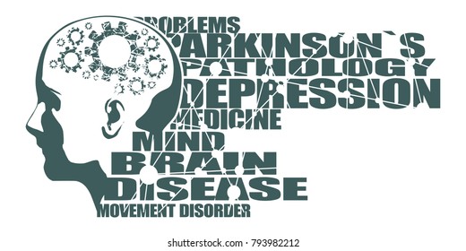 Abstract illustration of a human head. Woman face silhouette. Medical theme creative concept. Parkinsons syndrome disease tags cloud. Damaged gears in brain as symbol of mental disease