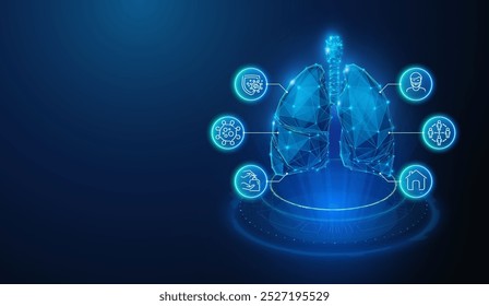 Abstract illustration of human lungs with line art icons in low poly style. Blue geometric background depicting healthcare medical concept by wireframe connection structure