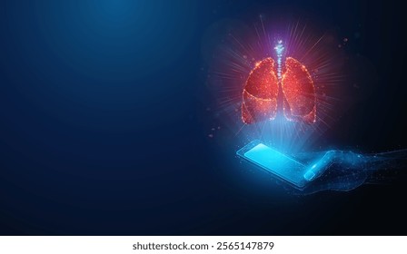 Abstract illustration of human lungs made of neon particles over lowpoly smartphone in hand. Blue geometric background depicting respiratory system healthcare monitoring app medical concept