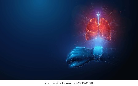 Abstract illustration of human lungs made of neon particles over lowpoly smartwatches. Blue geometric background depicting respiratory system health monitoring appllication medical concept