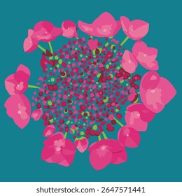 Abstract illustration of a hydrangea flower with vibrant pink petals and a detailed dotted center on a teal background, evoking a bold and artistic floral style.