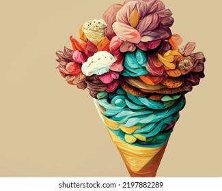 An abstract illustration of an ice cream cone flowers. Fresh and light Gelato.