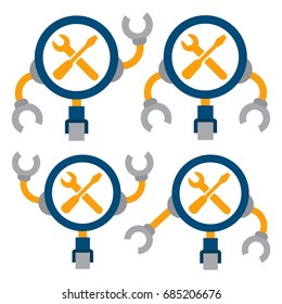 Abstract illustration icon for analyzer robot / repair service system. Inspired search concept, magnifying glass, and automated systems, robots. Designed for business computer / mechanical business