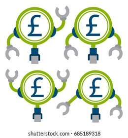 abstract illustration icon for money maker robot. Inspired search concept (magnifying glass) and automated systems (robots). Designed for financial businesses.