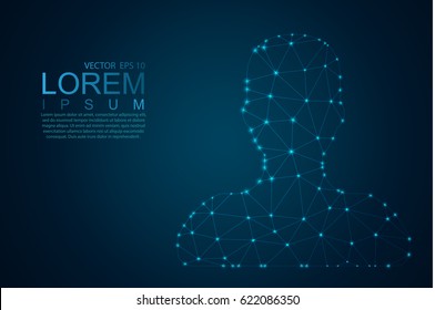 Abstract Illustration of icon person created of lines dots and lights on a dark background - abstract space and stars - futuristic polygonal wireframe design , low poly. Vector eps 10.