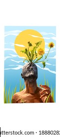 Abstract illustration image of very beautiful male body and blooming flower growing on his head