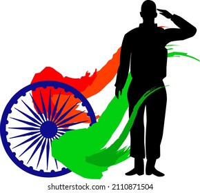 Abstract illustration of Indian army in salute pose with ashoka chakra and tricolored smoke depicting patriotism respect for country during republic day and independence day 