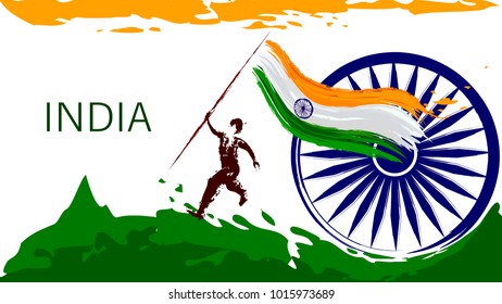 Abstract illustration of Indian patriot running holding flying tri color indian flag.