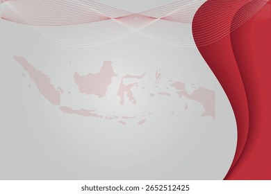 Ilustración Abstractas del mapa de Indonesia con colores rojos y blancos y líneas ondulatorias de fondo para el Día de la Independencia.
