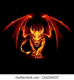 Abstract Illustration of Infuriated Dragon with Fire Flames in Red Color on Black Background for Design