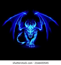 Abstract Illustration of Infuriated Dragon with Fire Flames in Blue Color on Black Background for Design