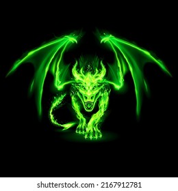 Abstract Illustration of Infuriated Dragon with Fire Flames in Green Color on Black Background for Design