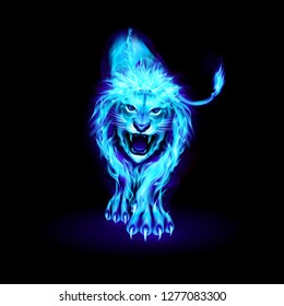 Abstract Illustration of Infuriated Lion with Blue Fire Flames Fur on Black Background