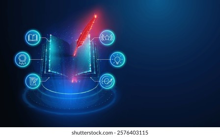 Abstract illustration of ink feather writing on empty page of open book made of glowing neon particles with lineart icons.Blue geometric background depicting creative competition in literature concept