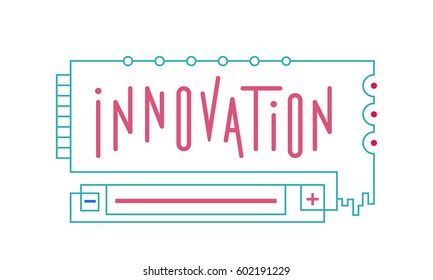 Abstract illustration of an innovation in the form of a circuit with a printed circuit board and a battery
