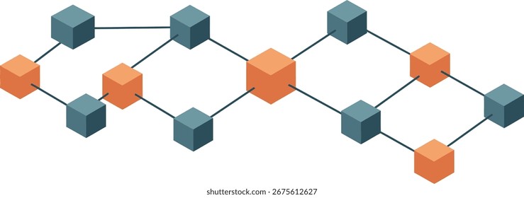 An abstract illustration of interconnected cubes, some orange, some teal, linked by lines.