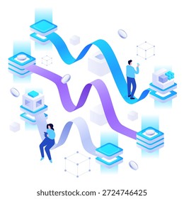 Abstract illustration of interconnected digital platforms. Data flow, cloud computing, analytics and process automation. Scalable systems, integration, and modern digital infrastructure.