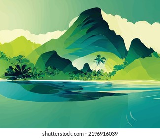 Abstract illustration of an island with a volcano. green and blue colour scheme. Holiday mood