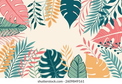 Abstract illustration with jungle exotic leaves, colorful design, summer background and banner. Hand drawn palm leaf, monstera leaves art design for wallpaper, cover, cards and packaging.