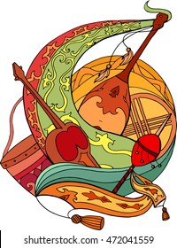 Abstract illustration of Kazakh national instruments with ornaments. Vector element for cards, stickers and your design