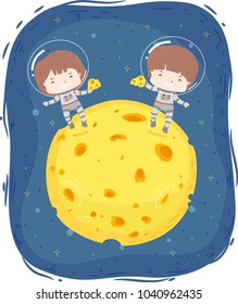 Abstract Illustration of Kids Astronaut on Top of a Swiss Cheese Moon Holding Single Servings