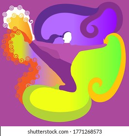 Abstract illustration lady in dance posture and colorful curls nesting bright colored backgrounds   

Pen  fill  shape   swirl tools used for the illustration 

No reference image used 
