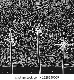 Ilustración abstracta de un paisaje y tres dientes de león.