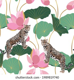 Abstract illustration of a leopard animal on a white background of pink lotuses with leaves. Seamless floral pattern for fabric and wallpaper.