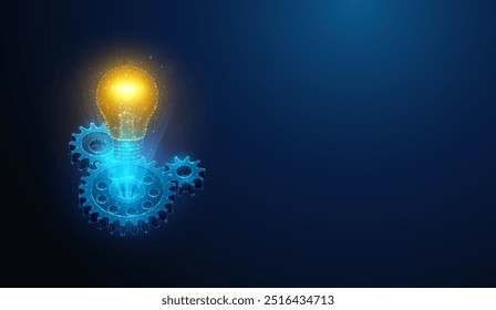 Abstract illustration of light bulb floating over gears in low poly style. Blue geometric background depicting insight, idea or solution concept by wireframe connection structure