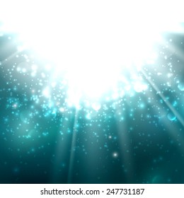 Abstract illustration of light rays on the blue deep water background with bubbles or sparkles. vector 