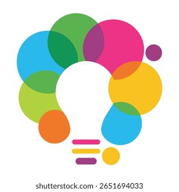 Abstract illustration lightbulb shape formed by overlapping circles in bright teal blue green lime yellow orange pink and purple hues