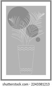 Abstract illustration in line art line art palm leaf in pot on isolated gray background.