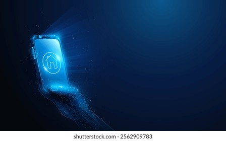 Abstract illustration of lineart home icon on low poly smartphone in hand. Blue geometric background depicting smart home application technology concept by wireframe connection structure