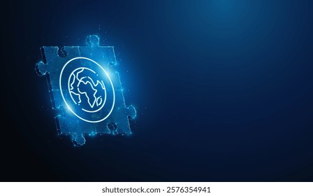 Abstract illustration of lineart world icon over low poly jigsaw puzzle.Blue geometric background depicting geopolitical synergy partnership,global crisis management politics concept by wireframe mesh