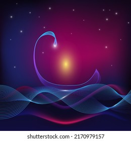 Abstract illustration from lines on a dark background. Fairy boat sails on the waves.