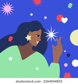 abstract illustration.  a long-haired woman with a star earring who will hold a star as a noble wish.  retro color