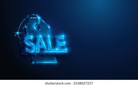 Abstract illustration of low poly 3d sale over product price tag. Blue geometric background depicting consumerism, black friday, online shopping concept by wireframe connection structure