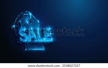 Abstract illustration of low poly 3d sale over product price tag. Blue geometric background depicting consumerism, black friday, online shopping concept by wireframe connection structure