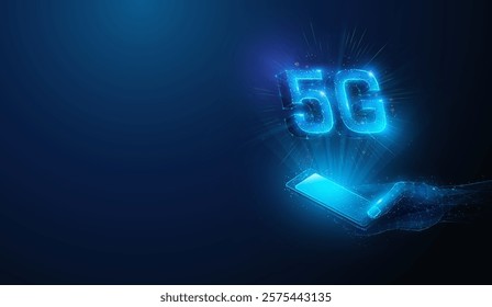 Abstract illustration of low poly 5g wireless mobile network smartphone in hand. Blue geometric background depicting 5th generation communication hardware technology concept by wireframe mesh